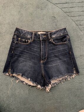 PAIGE Dark Blue Cutoff Denim Shorts with Frayed Hem